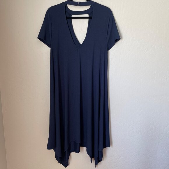 Torrid Trapeze Jersey Navy Dress Mirrored Keyhole CutOuts Short Sleeve Large/12 - Picture 4 of 7